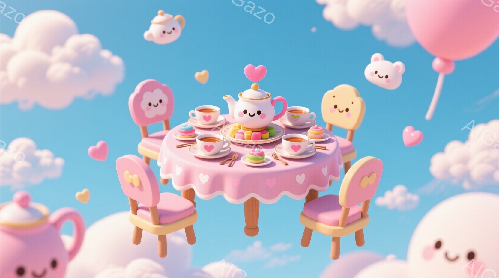 空には可愛らしい顔の雲が浮かび、ピンク色のティーセットが雲の上に置かれています。ティーポット、カップ、お皿にはカラフルなお菓子が並び、甘くて夢のような雰囲気が漂っています。全体的にパステルカラーで統一され、可愛らしいファンタジー世界が表現されています。