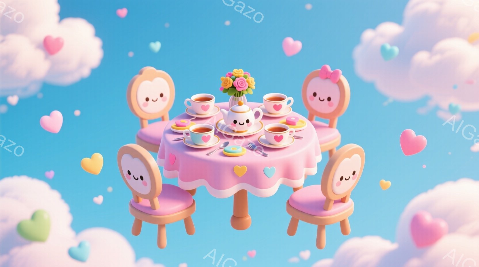 キュートで愛らしいスタンドアップ風格のイラストです。中心にはパティシェと子供たちが調理を楽しんでいます。彼らは甘い色の服装を着ており、柔らかな表情で親切な雰囲気を演出しています。雲が空に浮かぶように、背景は大きなハートの模様で統一されており、全体として愛らしく甘い雰囲気を演出しています。