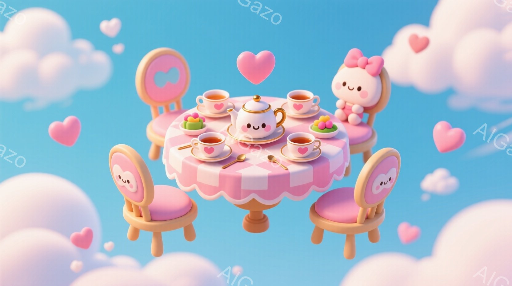 ピンク色の可愛らしいティーセットが、ふわふわとした雲の上に浮かんでいます。テーブルにはティーポットとティーカップが並べられ、それぞれに愛らしい表情が描かれています。背景はパステルブルーの空で、ハート型の雲が散りばめられ、夢のような優しい雰囲気を醸し出しています。