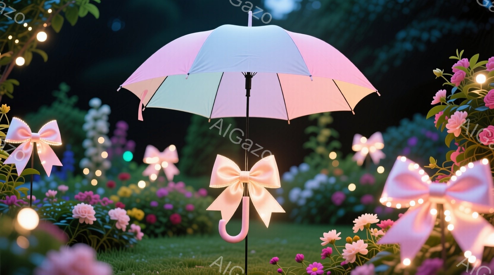 鮮やかなピンクと紫のバラに囲まれ、可愛らしいリボンと光る装飾が施されたピンク色の傘がいくつか立っている風景です。背景は暗く、庭園のような緑地で、幻想的な雰囲気を作り出しています。全体的に柔らかく、夢のような色彩で、お祝いやロマンチックな雰囲気が漂っています。