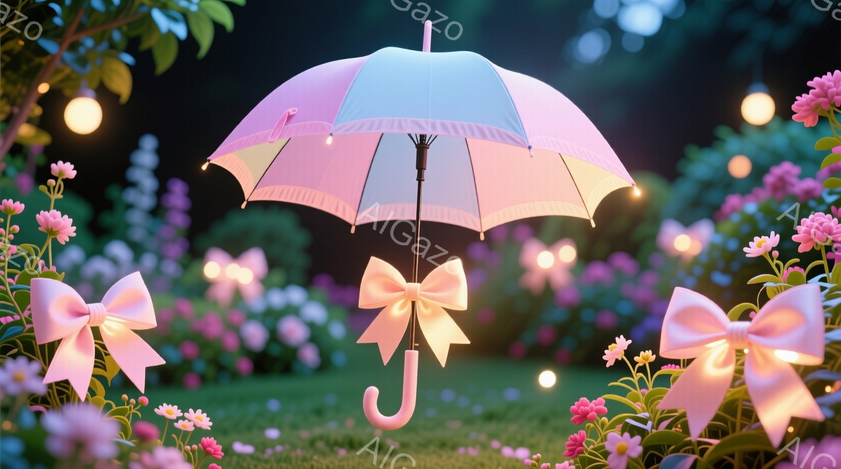明るいピンクと白のストライプが特徴的な傘が、緑の芝生の上に立っている。周囲にはピンクの花が咲き乱れ、背景にはぼんやりと光る光点が散りばめられ、夢のような雰囲気を醸し出している。傘には大きなピンクのリボ - AI生成フリー素材