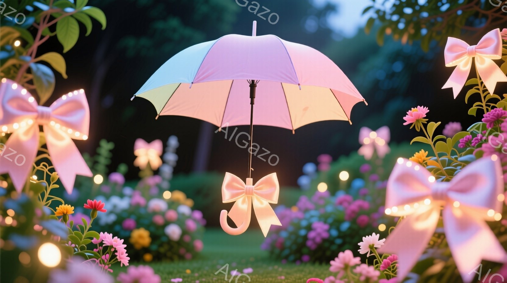 明るいピンクと紫の野花が咲き乱れる草原に、パステルカラーの傘とリボンが浮かんでいます。背景には緑豊かな植物が茂り、全体的に夢幻的で可愛らしい雰囲気を醸し出しています。暖色系の光が傘とリボンを照らし、幻 - AI生成フリー素材