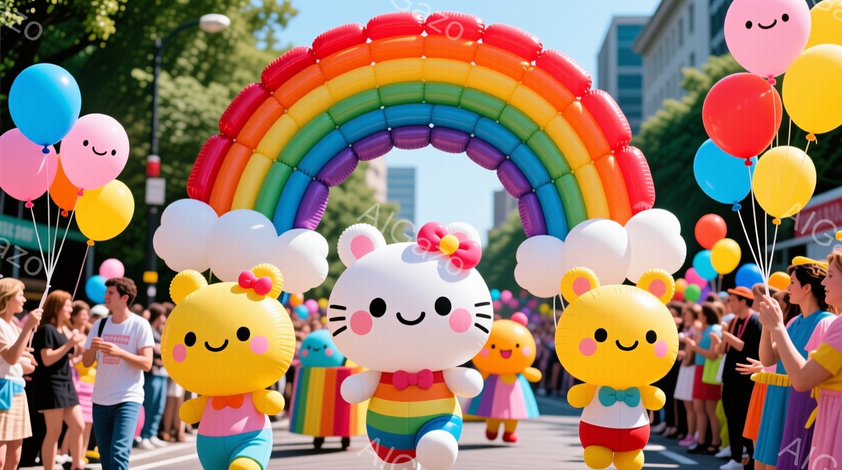 カラフルな虹色のアーチの下を、ハローキティと黄色いキャラクターの着ぐるみが歩いている様子が写っている。背景には高層ビルや木々が見え、多くの人々が笑顔で彼らを見守っている。晴天で、お祭りやパレードのよう - AI生成フリー素材