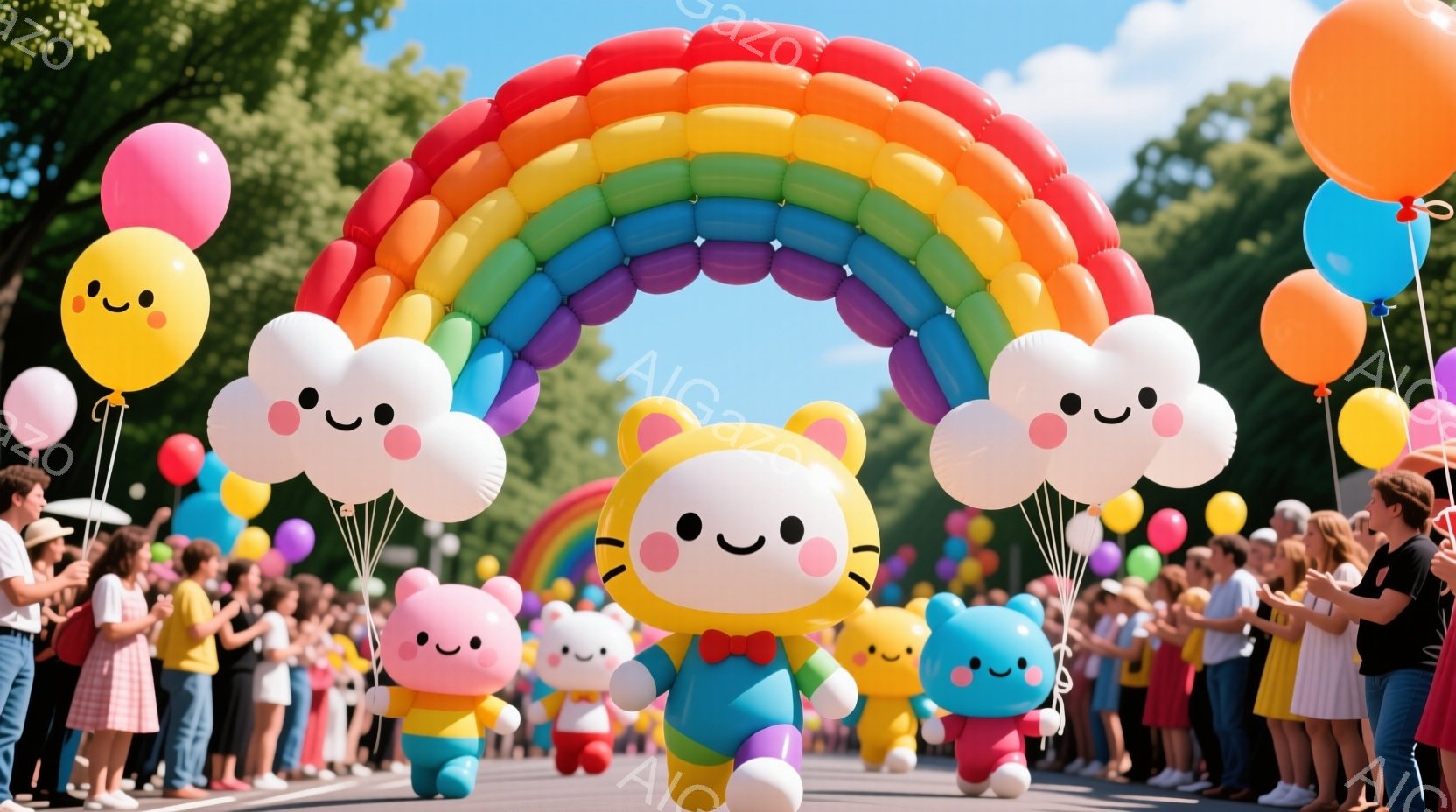 カラフルな風船のアーチの下を、かわいらしい動物の着ぐるみが列をなして歩いている。観客は両側に立ち、笑顔でそれを見守っている。背景には緑豊かな木々が見え、晴天の下、お祭り騒ぎのような明るく楽しい雰囲気が漂っている。