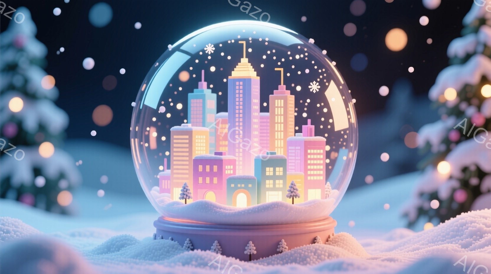 スノーグローブの中に、パステルカラーの建物が並ぶ幻想的な街並みが表現されています。建物はシンプルで幾何学的なデザインで、全体的に柔らかい雰囲気で統一されています。雪が舞う背景と、ふっくらとしたベースが - AI生成フリー素材