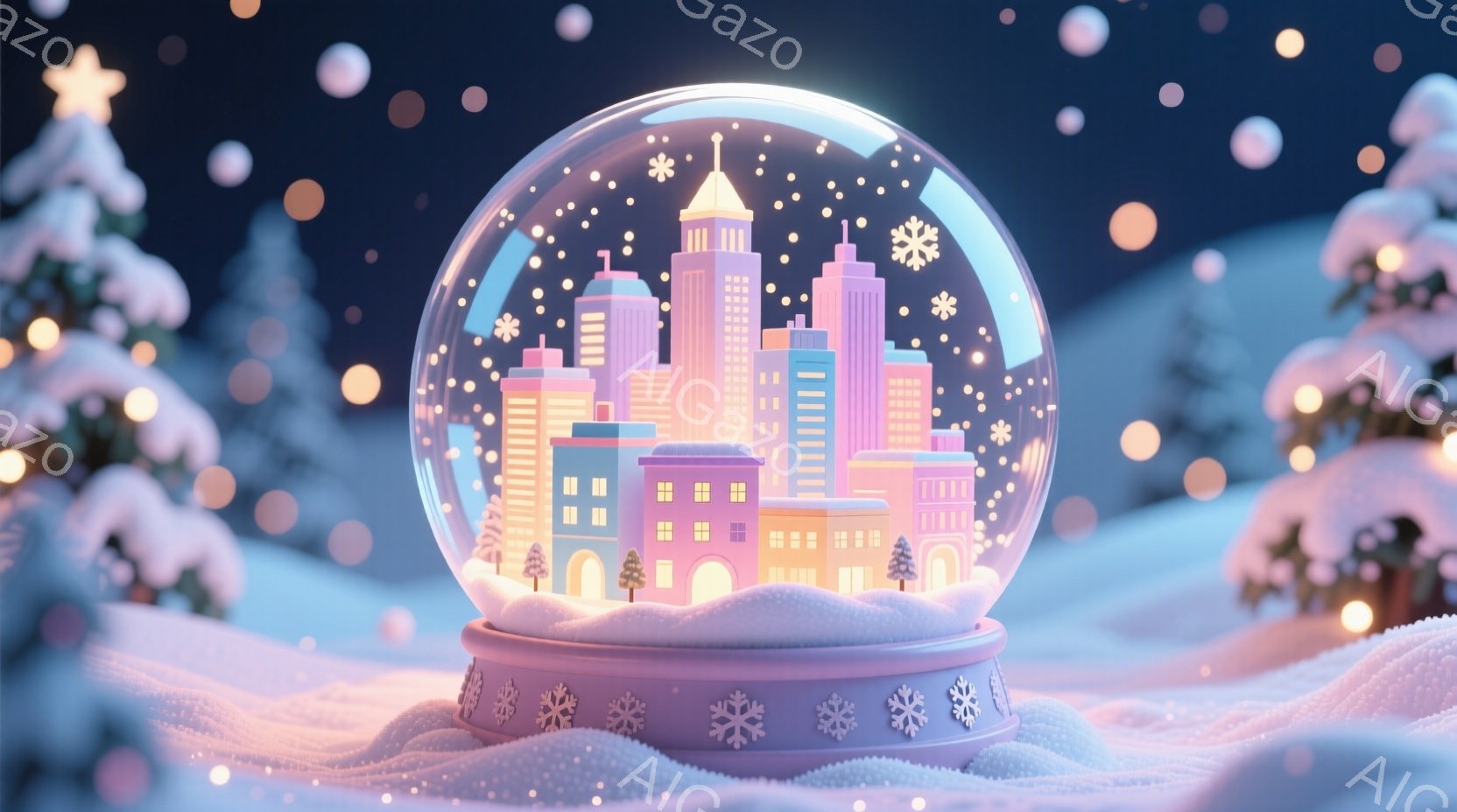 雪が舞う夜、クリスマスの装飾が施された雪景色の中に、パステルカラーの建物が並ぶガラスの球（スノーグローブ）が置かれています。建物はまるで絵本から飛び出してきたかのように可愛らしく、雪が降り積もる様子が幻想的な雰囲気を醸し出しています。周囲には雪に覆われた木々が点在し、温かい光が灯ることで、穏やかでロマンチックな冬の情景が表現されています。