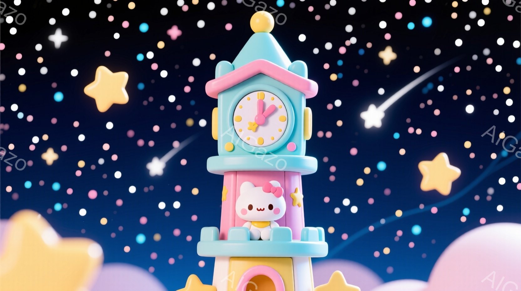 可愛らしいキティちゃんが、青色の塔の上に立っています。キティちゃんはピンク色の服を着ていて、嬉しそうな表情をしています。背景には、パステルカラーの雲と星が散りばめられており、夢のような幻想的な雰囲気が漂っています。