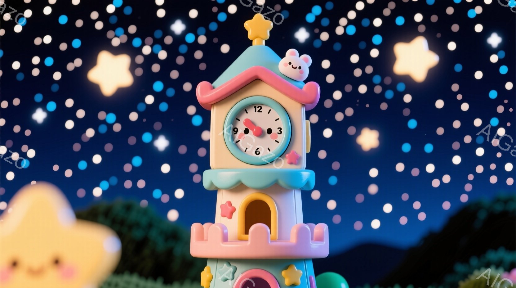 夜空を背景に、お城のような時計台が描かれています。時計台はパステルカラーで可愛らしく、星や雲のモチーフが散りばめられています。空にはたくさんの星が輝き、柔らかく幻想的な雰囲気を醸し出しています。