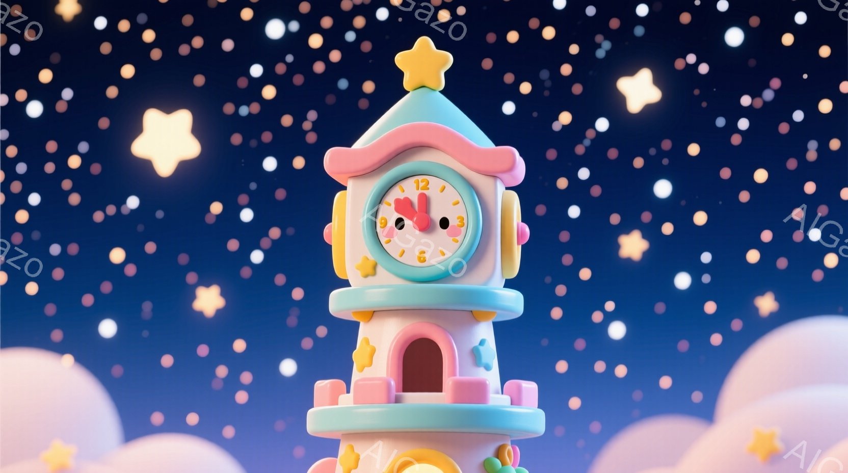 明るい水色の塔が、丸みを帯びた可愛らしいデザインで描かれています。塔には、大きな文字盤の時計が組み込まれており、ピンク色の装飾と金の星がアクセントになっています。背景には、淡いピンク色の雲と、夜空に輝 - AI生成フリー素材