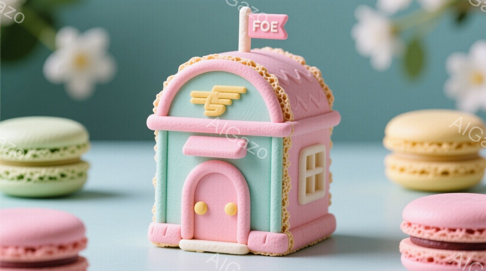 パステルグリーンの小さな家が、ピンク色のアクセントで可愛らしく飾られています。家の屋根には繊細なレース模様が施され、入り口には黄色いドアノブが付いています。背景にはマカロンが配置され、明るく優しい雰囲気を醸し出しています。