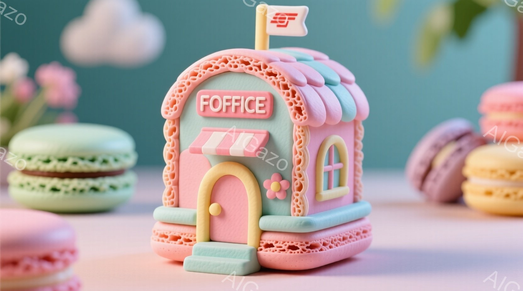 パステルカラーのマカロン風の可愛らしい家が中央に配置され、クリーム色とピンク色のマカロンが周囲を彩っています。家には「OFFICE」と書かれた看板があり、小さな窓と入り口には花が飾られています。背景は淡い水色で、全体的に甘くて夢のような雰囲気を醸し出しています。