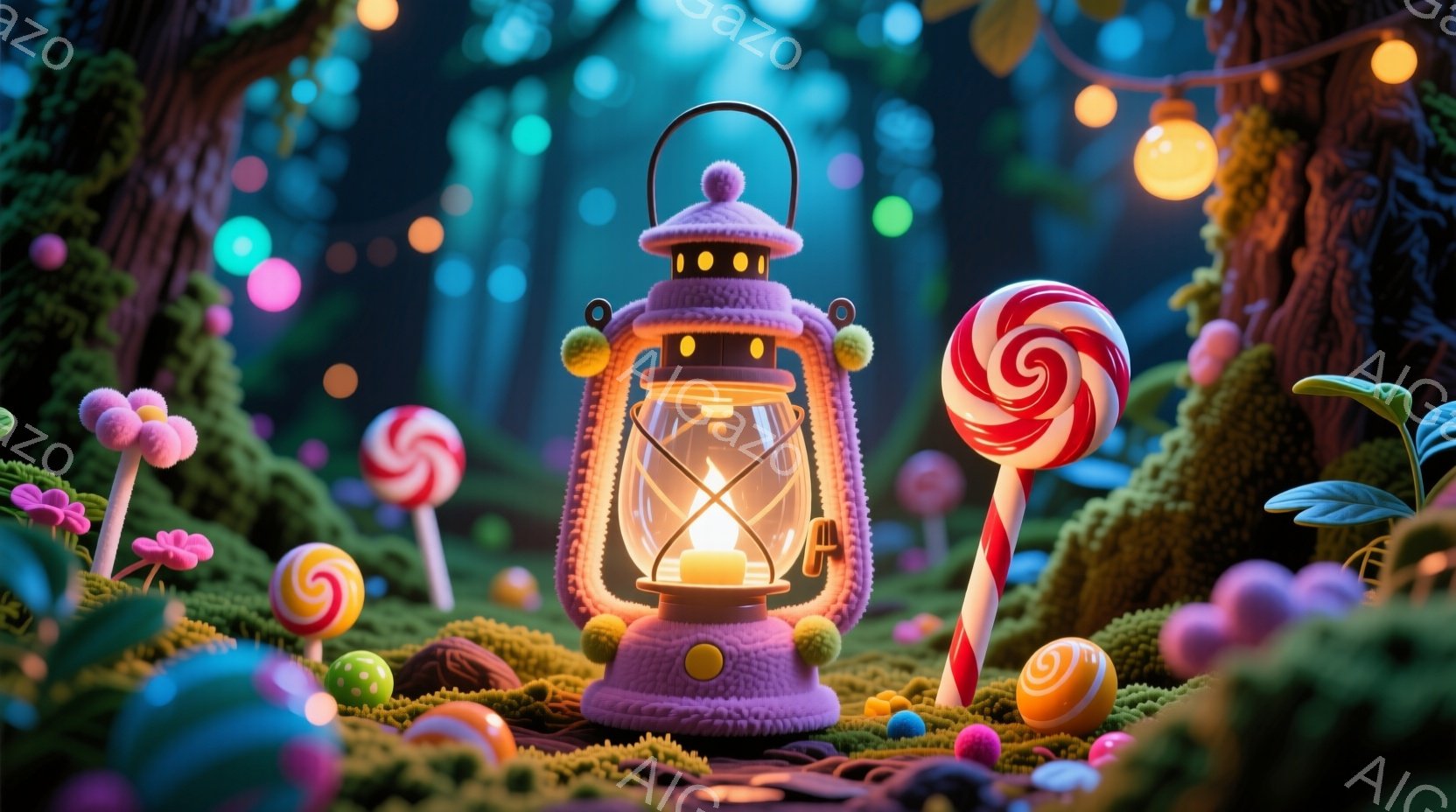 紫色のランタンが緑の苔とカラフルなキャンディに囲まれた幻想的な風景が描かれている。背景には、ぼやけた木々や光る粒子が散りばめられ、夜の森の雰囲気を作り出している。全体的に、甘くて夢のような、おとぎ話の - AI生成フリー素材