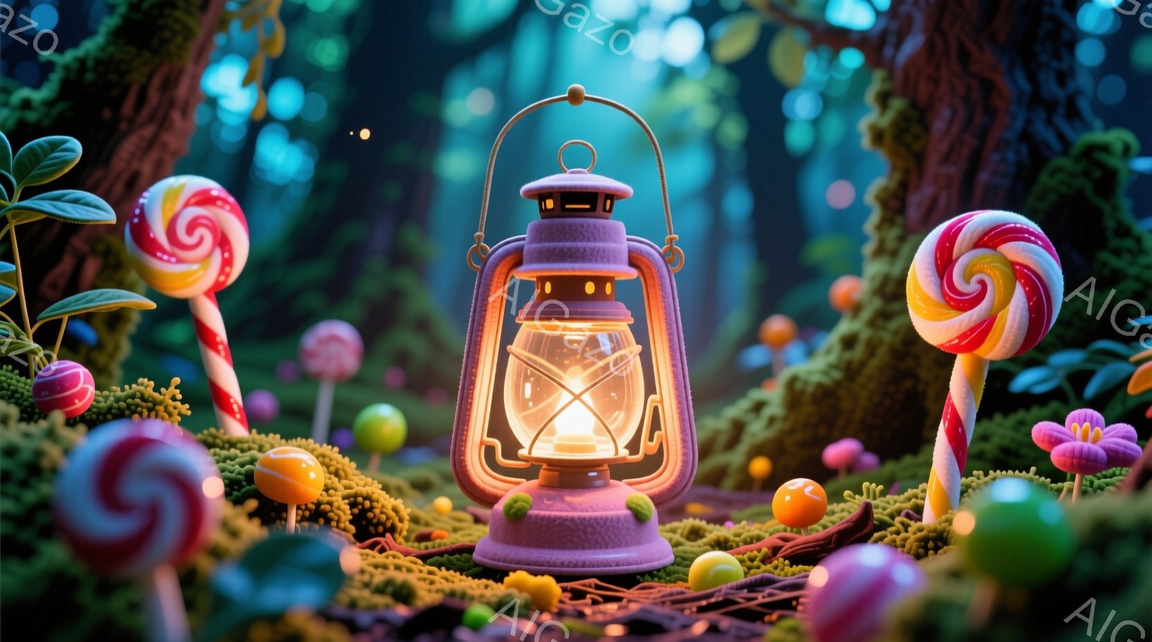 鮮やかな緑の苔の上に、レトロなピンク色のランタンが置かれている。周囲にはカラフルなキャンディやキノコが生い茂り、まるでおとぎ話のような幻想的な雰囲気を作り出している。背景は暗い森で、ぼんやりとした光が - AI生成フリー素材