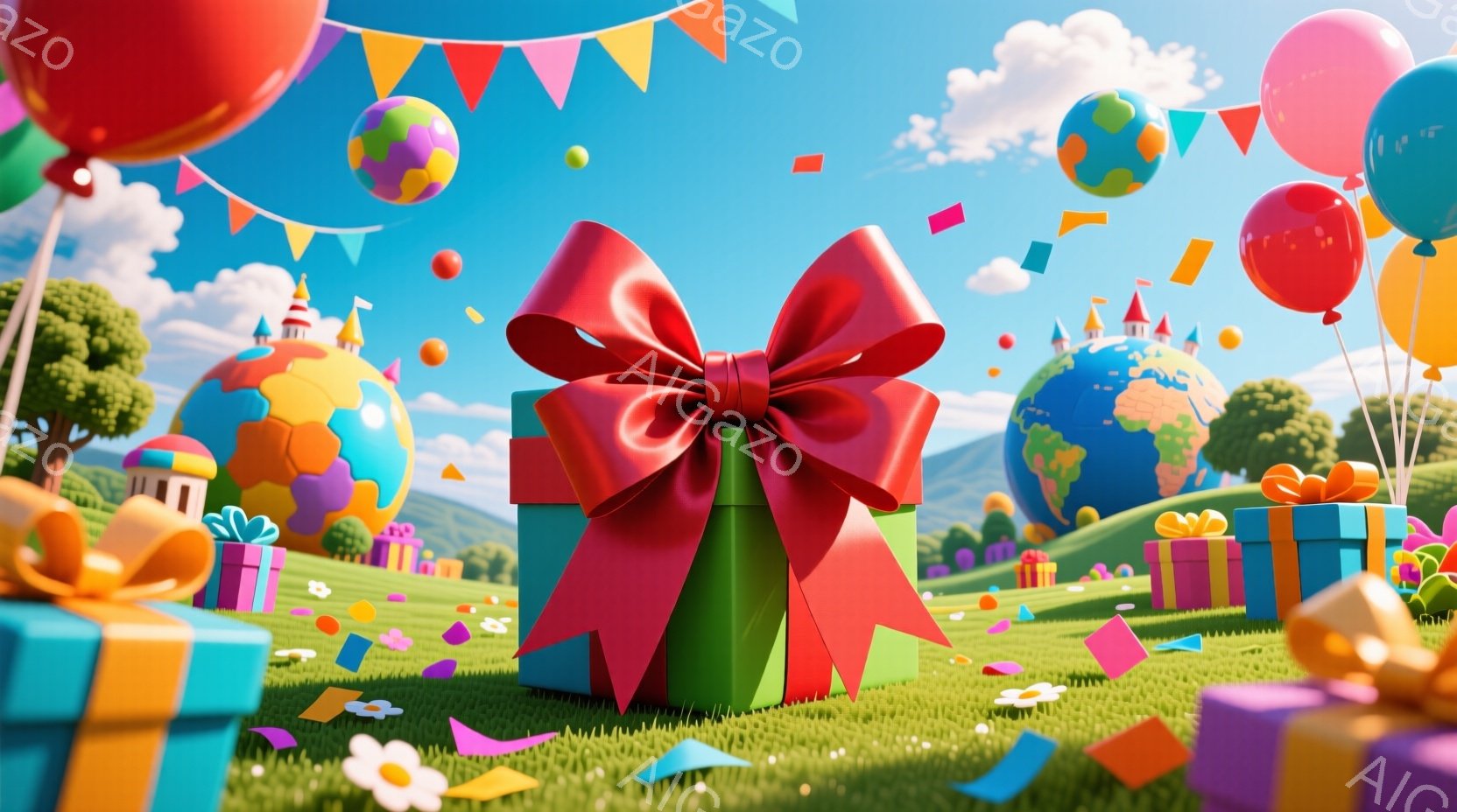 鮮やかな緑色のプレゼントボックスが中央に大きく配置され、大きな赤いリボンが飾られています。背景には、カラフルな風船やプレゼントの山、そして地球儀のような建造物が並ぶ緑の丘が広がっており、明るい晴天の下 - AI生成フリー素材