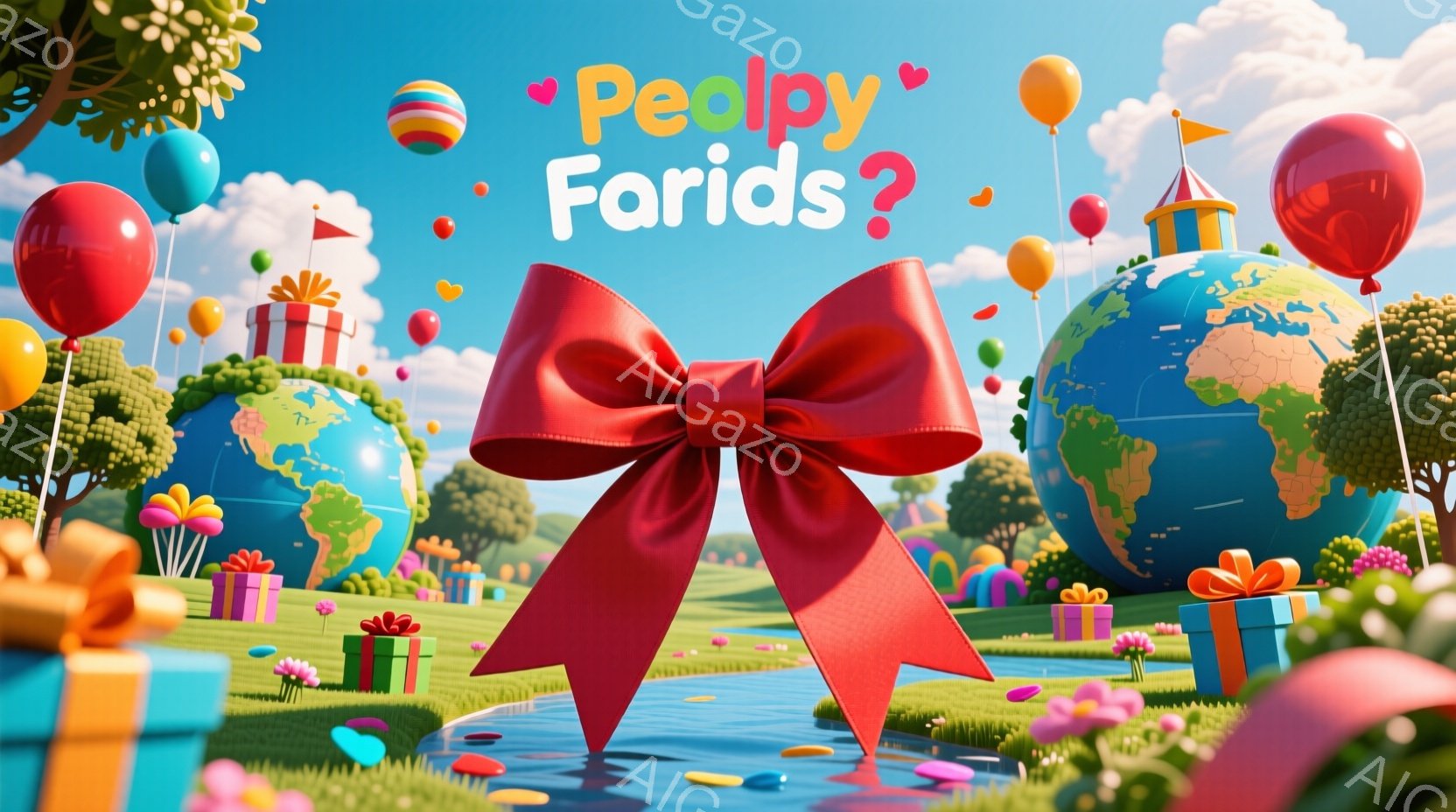 鮮やかな緑の芝生の上には、様々なプレゼントの箱が散らばり、色とりどりの風船が空に浮かんでいます。背景には、地球儀のようなオブジェクトがいくつか配置され、まるで遊園地のようなファンタジーな世界観を作り出しています。巨大な赤いリボンが前景にあり、お祝いやサプライズを暗示する陽気で夢幻的な雰囲気が漂っています。