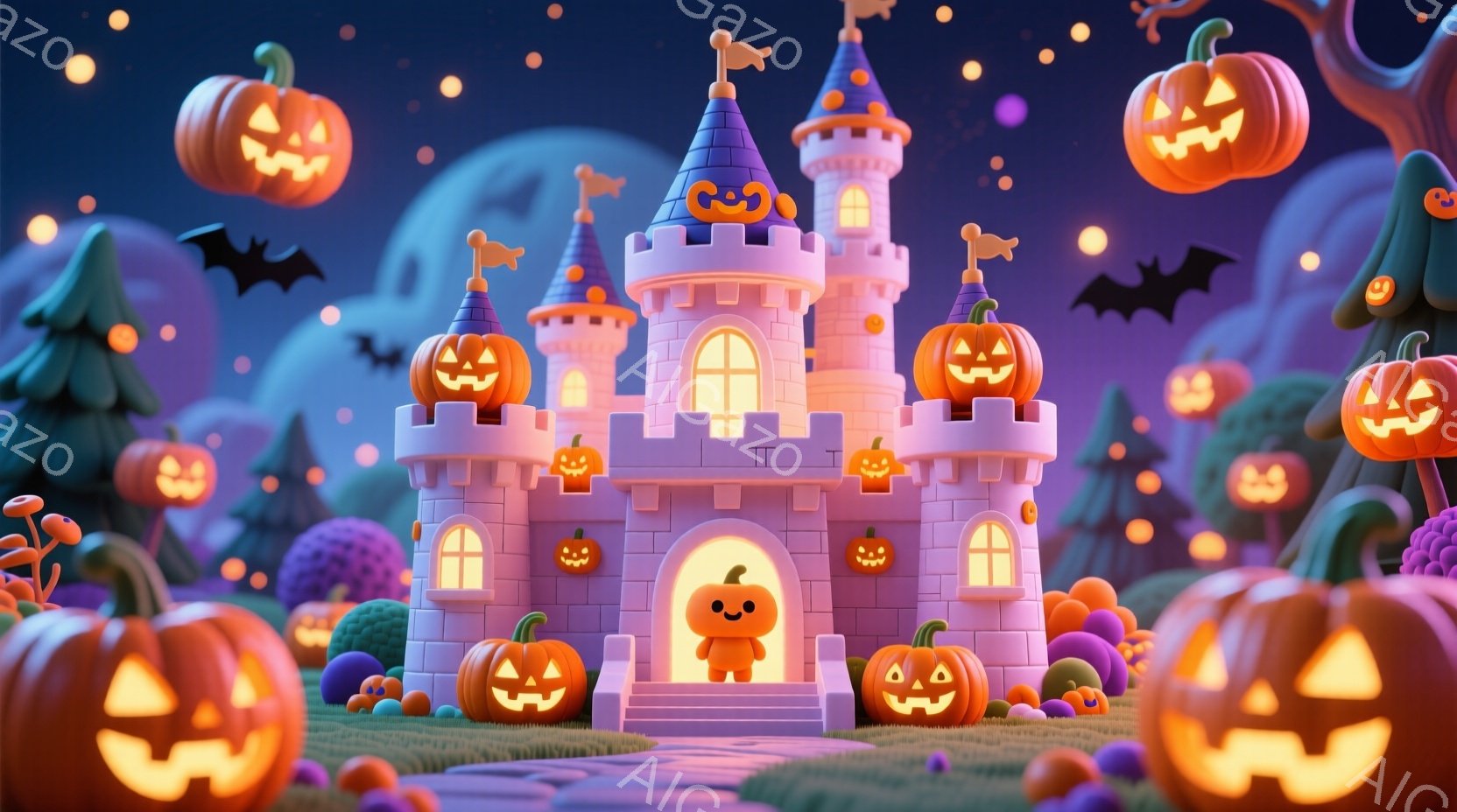 明るい紫色の可愛らしいお城が、ハロウィーンの装飾で彩られています。正面には、カボチャの帽子とオレンジ色の服を着た小さなキャラクターが立っており、楽しそうな表情をしています。背景には、ハロウィーンのラン - AI生成フリー素材
