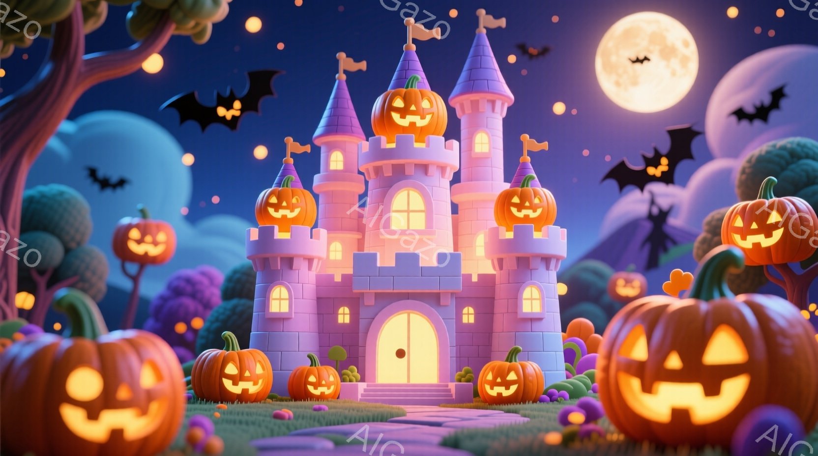 明るい紫色の可愛らしいお城が、緑の芝生の上に建っています。ハロウィンのカボチャが散らばり、背景にはシルエットの木々と、夜空に浮かぶ満月とコウモリが描かれ、お祭り気分を盛り上げています。全体的に、暖かく - AI生成フリー素材
