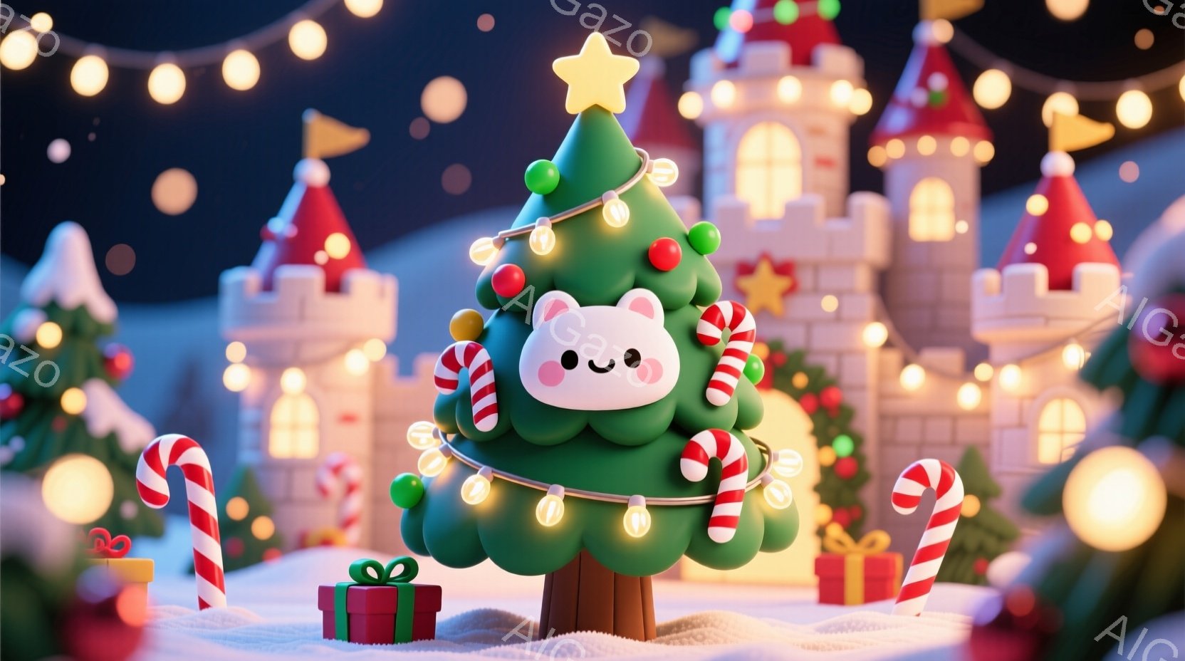 クリスマスツリーが中央にあり、キャンディケーンやプレゼントで飾られています。背景にはお城のような建物があり、雪が降る冬の夜の暖かく幻想的な雰囲気を醸し出しています。全体的に可愛らしいスタイルで、まるで - AI生成フリー素材