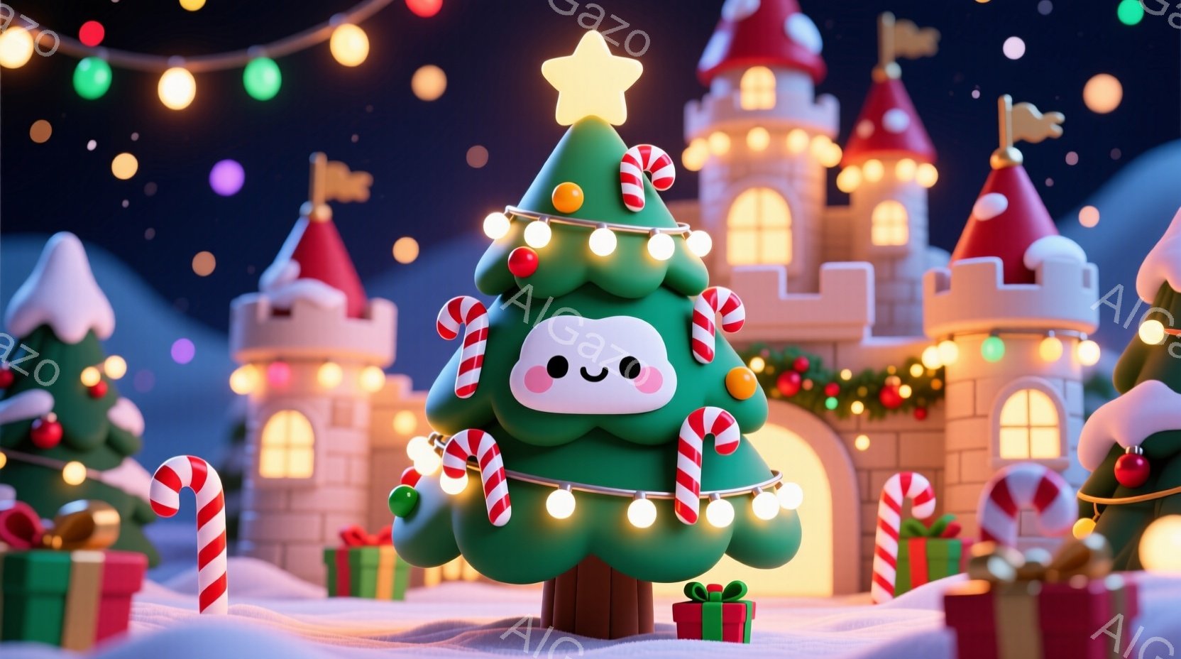 鮮やかなクリスマスのシーンで、丸い可愛らしいクリスマスツリーが中央に配置されています。背景にはお城のような建物や雪景色が広がり、キャンディケーンやプレゼントボックスが雪の上に散りばめられています。全体 - AI生成フリー素材