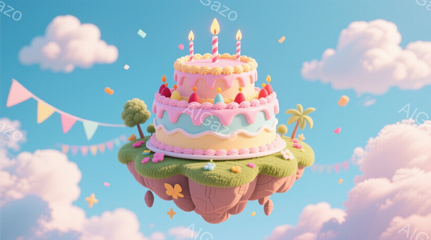 空に浮かぶピンク色のバースデーケーキが印象的な画像です。ケーキの周りには緑の草原や小さな木々があり、蝶が舞い、カラフルな旗が飾られています。全体的にパステルカラーで統一され、夢のような、お祝いムード満点の雰囲気が漂っています。