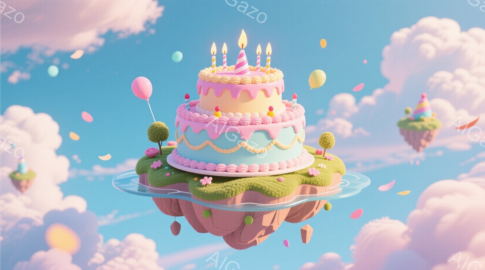 空に浮かぶ島の上に、カラフルなレイヤー状のケーキが置かれています。ケーキはピンク、水色、クリーム色のクリームで飾られ、点在する小さな花がアクセントになっています。背景にはふわふわとした雲と、遠くに見え - AI生成フリー素材