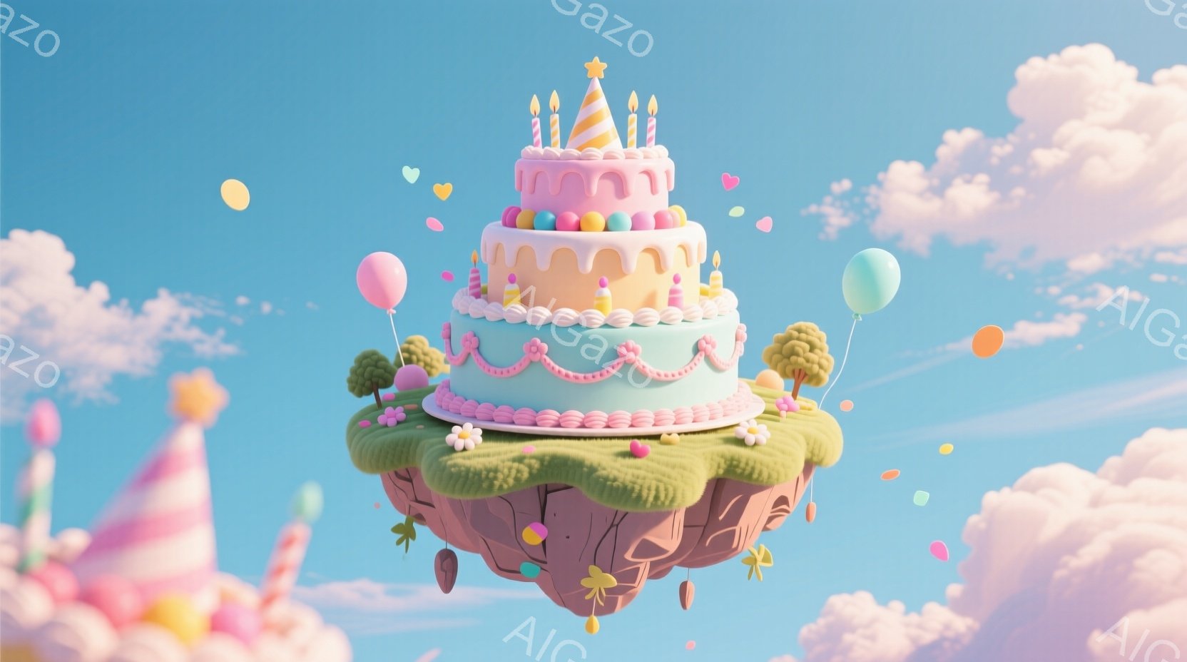 空中に浮かぶ、カラフルなクリームとデコレーションが施された巨大なケーキが印象的な画像です。ケーキの土台となる浮遊島には緑が生い茂り、小さな木々や花々が咲き乱れ、陽気な雰囲気を醸し出しています。背景には - AI生成フリー素材