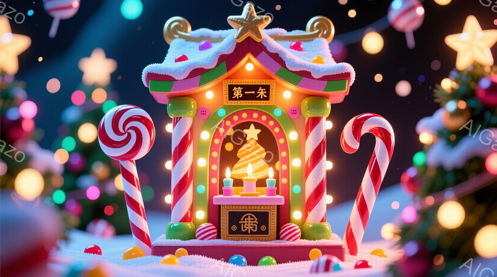 カラフルなキャンディとジンジャーブレッドを思わせる家が雪の上に建っており、クリスマスのデコレーションで賑わっています。家は赤と白のストライプで覆われ、カラフルなキャンディやグミが装飾として使われていま - AI生成フリー素材