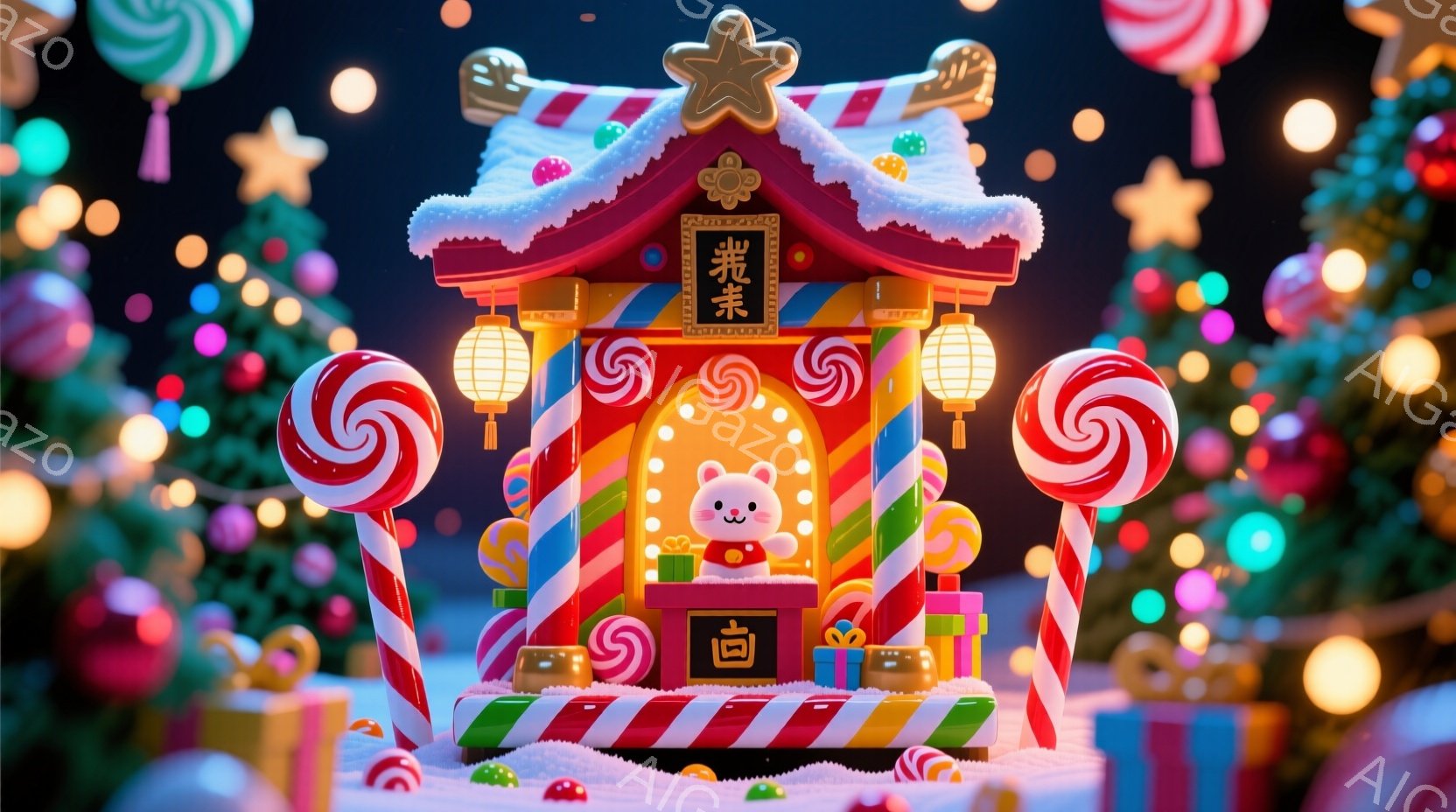 お菓子でできたような中国風の建物が描かれています。建物はカラフルなキャンディやクッキーで装飾されており、屋根には金色の星が飾られています。背景には様々な色のお菓子やギフトボックスが散りばめられ、幻想的 - AI生成フリー素材