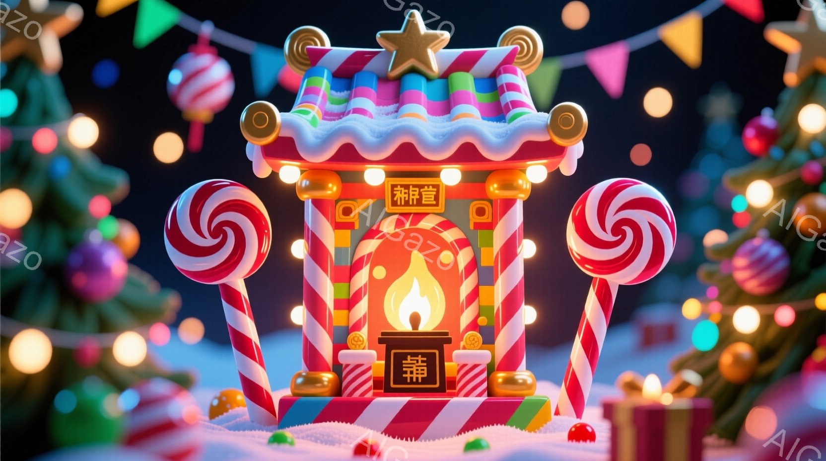 お菓子で作られたような暖炉が雪景色の中にあります。暖炉はキャンディーケーンやグミ、チョコレートなどで装飾され、まるで夢のような可愛らしい雰囲気です。背景にはカラフルなオーナメントが飾られたクリスマスツリーがあり、全体的に暖かく、お祝いのムードが漂っています。