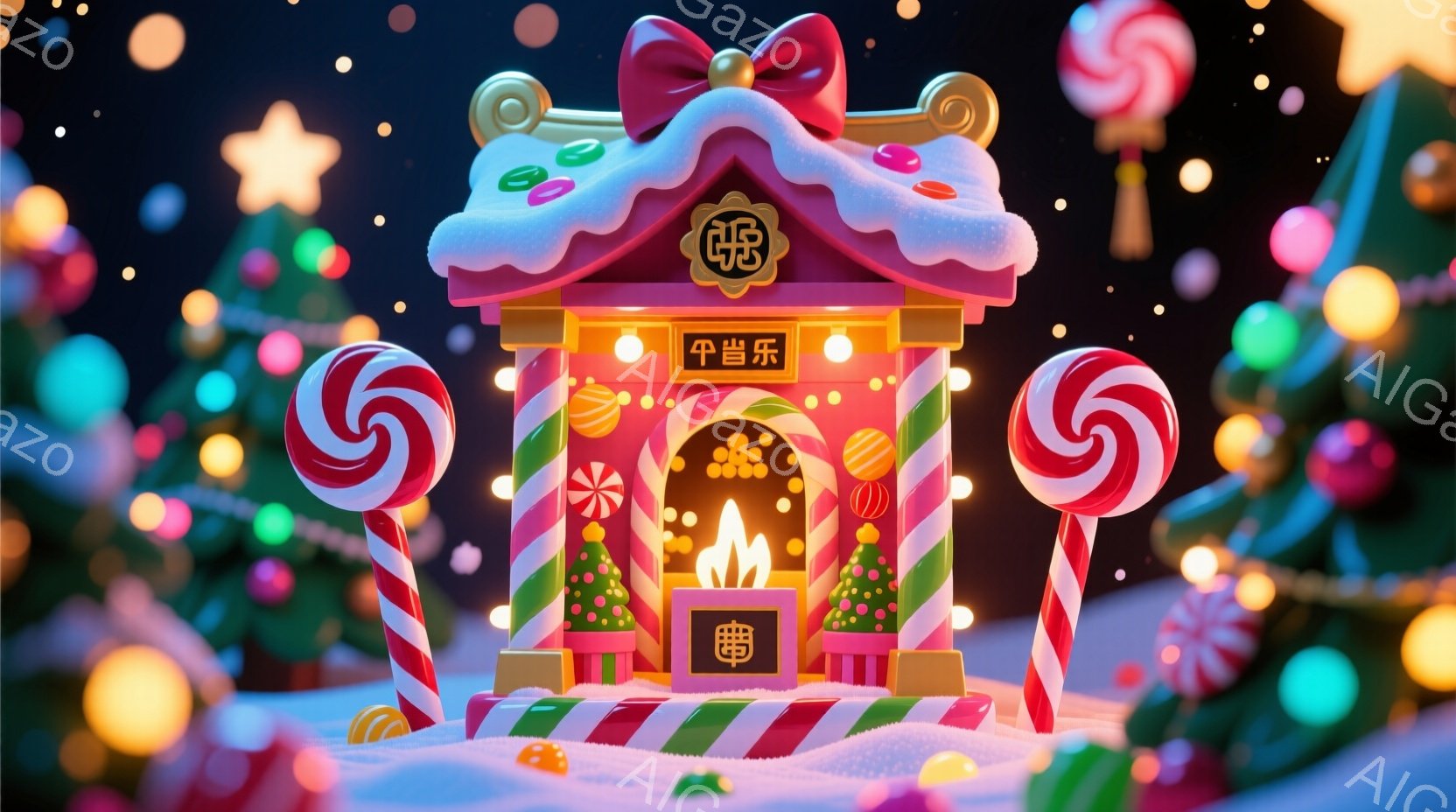 カラフルなキャンディをモチーフにした可愛らしい暖炉が雪の上に立っている。暖炉はピンクと白のストライプで装飾され、キャンディケーンやグミ、チョコレートなどが暖炉の周りに散りばめられている。背景には、ぼやけたクリスマスツリーの光が輝き、お菓子のような暖炉全体が、遊び心にあふれ、楽しい雰囲気を醸し出している。