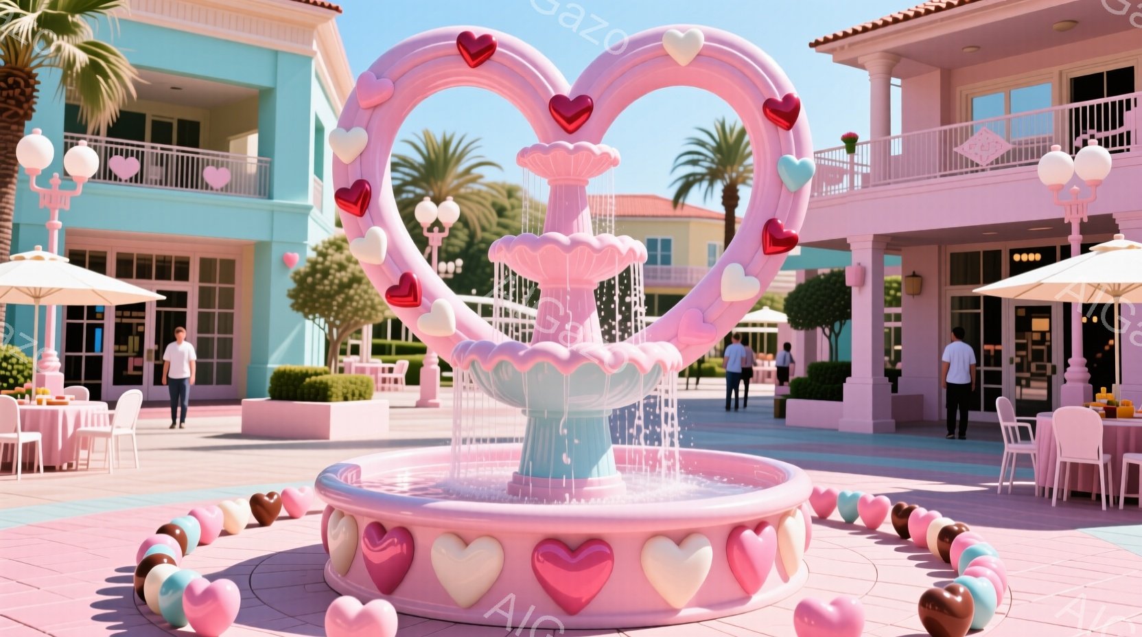 明るいピンク色を基調とした噴水が中央に位置し、ハート型の装飾が全体を彩っています。背景にはパステルカラーの建物が並び、ヤシの木が生い茂り、晴れた青空が広がっています。数人の人物がいますが、遠くからでは - AI生成フリー素材