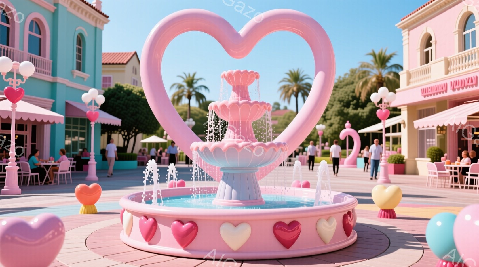 広場にはピンクを基調とした可愛らしい噴水が設置されており、周りには人々が散策している。人々はカジュアルな服装で、リラックスした様子で時間を過ごしているようだ。背景にはピンク色の建物とヤシの木が見え、晴れた空と相まって、明るく楽しい雰囲気を醸し出している。