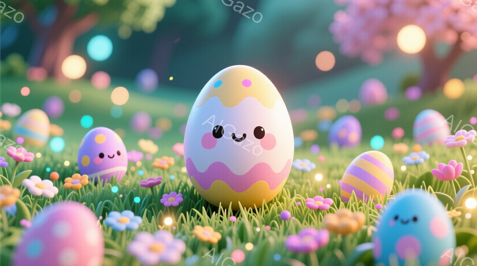 カラフルなイースターエッグたちが、緑の草むらと花畑の中に点在している。各エッグは愛らしい表情を持ち、ピンクや水色、黄色といったパステルカラーで彩られている。背景にはぼやけた木々と、柔らかい光が差し込む - AI生成フリー素材