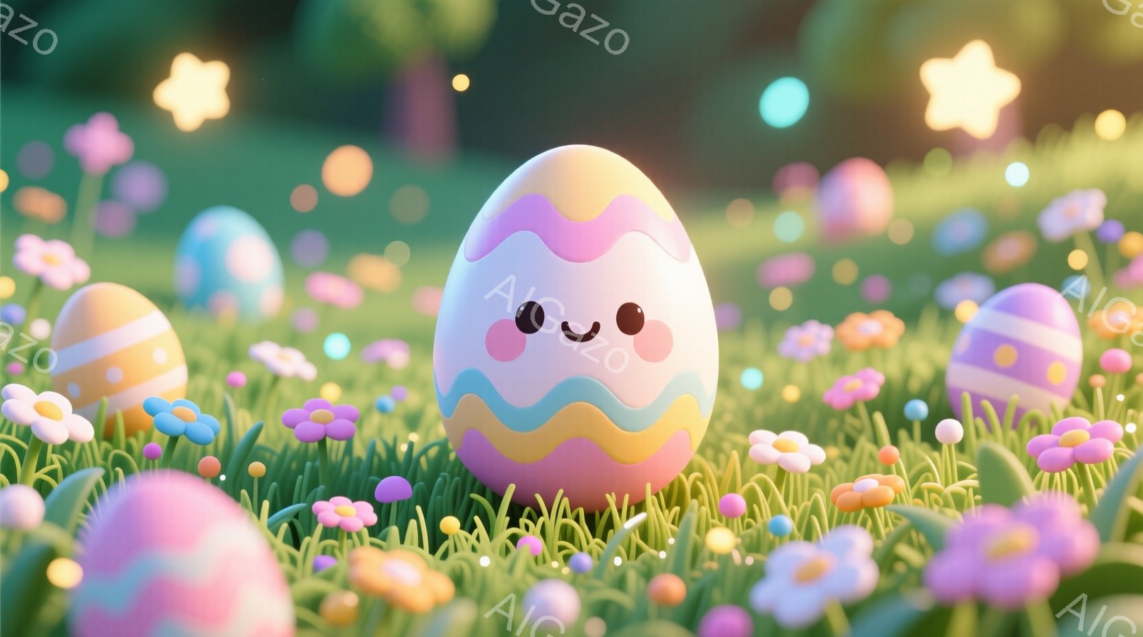明るい緑の草の中に、可愛らしいパステルカラーのイースターエッグたちが咲き乱れる花々の中に佇んでいます。中央の卵は、ピンクと水色のストライプが特徴で、愛らしい表情と頬の赤みが可愛らしさを際立たせています。背景にはぼやけた緑の葉と、点在する光の粒子が見られ、柔らかく幻想的な雰囲気を醸し出しています。