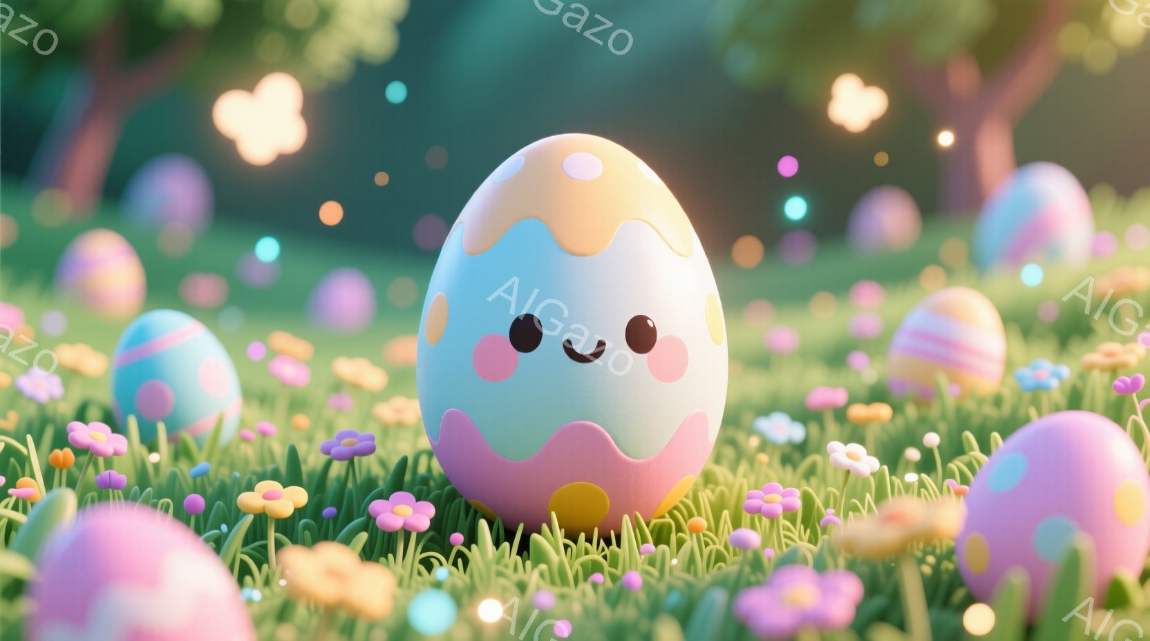 明るい緑の草の上に、かわいらしいパステルカラーの卵が立っている。卵はピンク、水色、黄色が混ざった色合いで、つぶらな瞳と小さな笑顔が特徴的だ。背景には、さまざまな色の卵が散らばり、花々が咲き乱れており、春らしい暖かく幻想的な雰囲気を醸し出している。