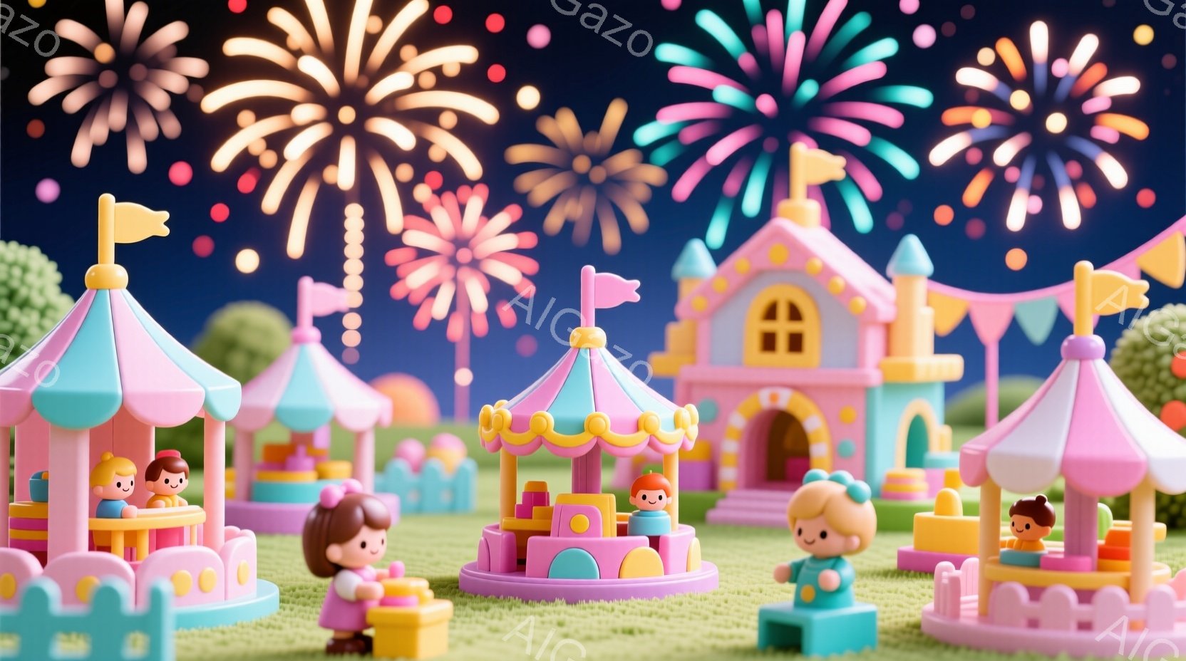 明るいピンクと水色の遊園地が、夜空に咲く花火を背景に広がっています。小さな人形たちは、シンプルな服装でメリーゴーランドや回転木馬に乗り、楽しそうに微笑んでいます。背景にはお城のような建物や緑の丘が見え - AI生成フリー素材