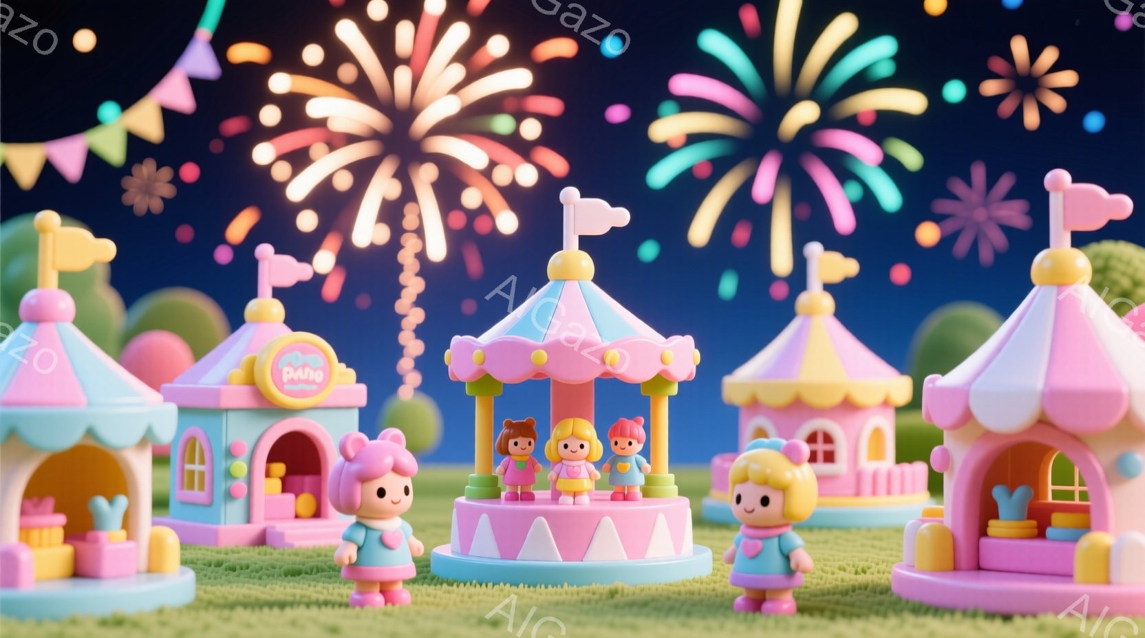 夜空に華が飛んでいる中、ピンク色の小屋やキャラクターたちが楽しむような童話のインスピレーションを感じさせる場面を表しています。 - 人物はキャラクターのようにデザインされ、豊かな表情と動きで、楽しんでいる印象があります。 - 背景には火を焼く小屋が見られ、夜空には星が閃くフィレンツァの様な美しい景色が出てきます。