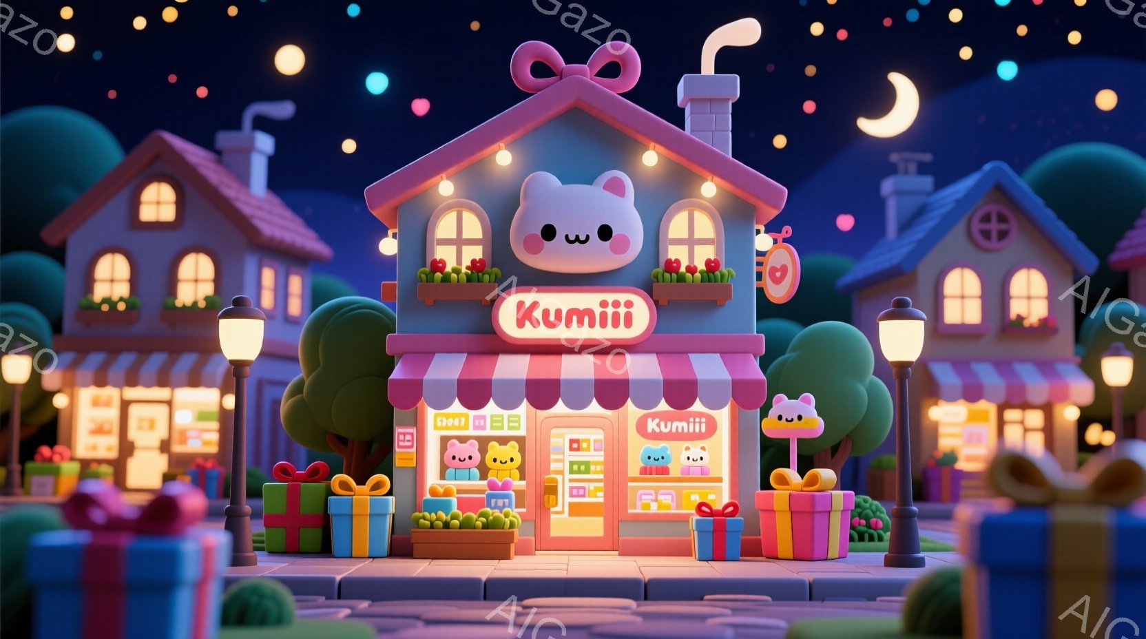 明るいパステルカラーの可愛らしい街並みが描かれています。中央にはクマのキャラクター「Kumii」の看板のあるお店があり、入り口の前にはプレゼントの箱が積み上げられています。夜空には星が輝き、街灯が灯り - AI生成フリー素材