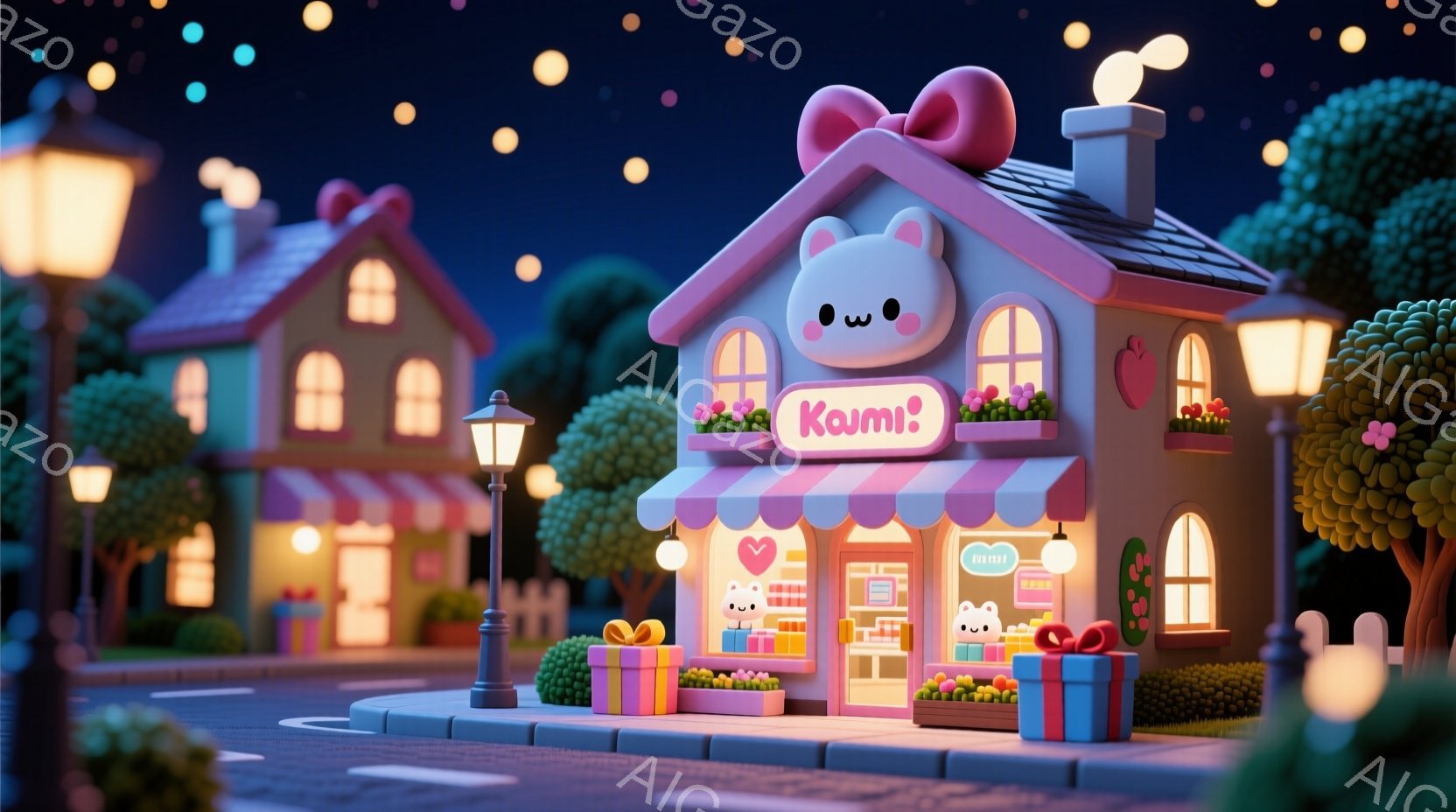 夜の街並みの中に可愛らしいお店が建っています。ピンクと白を基調とした建物は、まるでケーキのような外観で、入り口には「Kaumi」という名前が書かれています。背景には、緑豊かな木々や他の建物が見え、小さな電灯が暖かな光を灯しています。