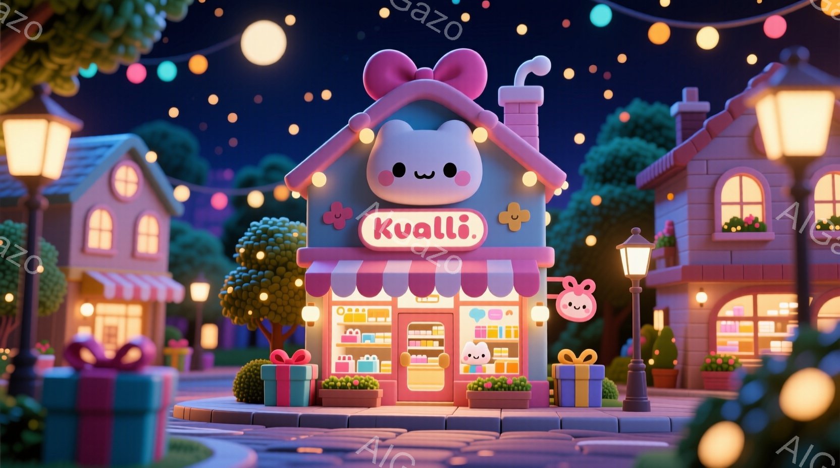 パステルカラーで可愛らしいお店が夜の街並みに浮かび上がっています。建物はピンクとオレンジ色を基調とし、可愛らしいウサギの顔が看板に描かれています。背景には、同様にパステルカラーの家々が並び、夜空には星が輝き、全体的に夢のような、温かい雰囲気が漂っています。