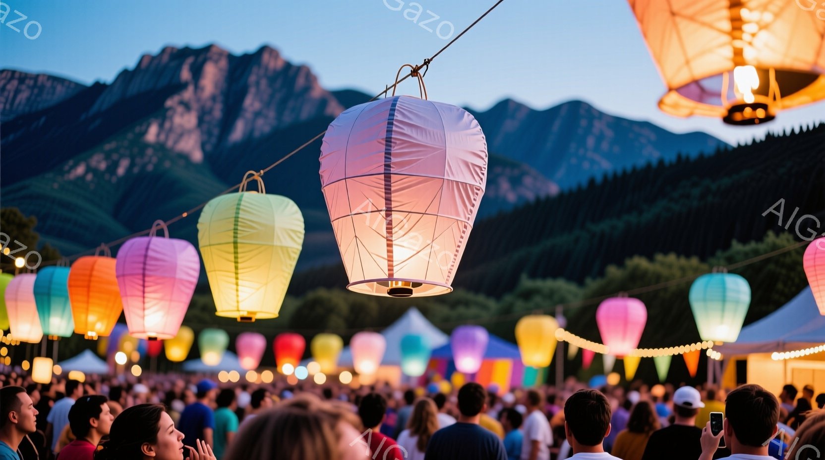 夜空を背景に、色とりどりの提灯が空中に吊るされ、幻想的な雰囲気を醸し出している。観客はカジュアルな服装で、後ろ姿が多く、提灯を見上げている様子から、イベントを楽しんでいることが伺える。背景には緑豊かな - AI生成フリー素材