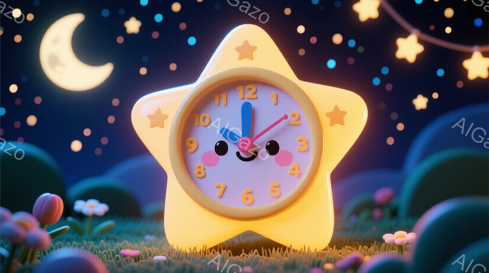 星型の時計が、緑の芝生の上に立っている可愛らしい光景です。時計は明るい黄色で、愛らしい笑顔と大きな目を持っています。背景には、パステルカラーの丘と、夜空に輝く星と三日月があり、夢のような雰囲気を醸し出 - AI生成フリー素材