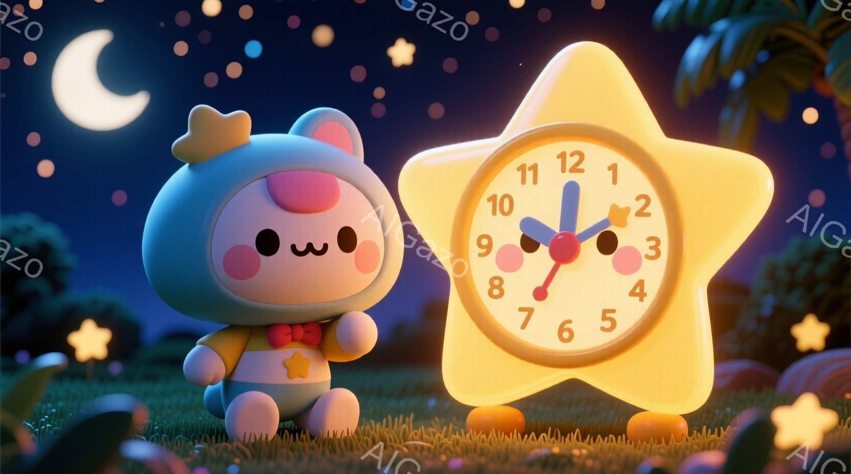 柔らかいピンク色の帽子と、星形のブローチが可愛らしい、丸みを帯びたキャラクターが描かれています。キャラクターは明るい緑色の草の上に座り、大きく光る星形の時計の横に寄り添っています。背景には暗い青色の空と、ぼんやりと見える植物、そして星が散りばめられており、穏やかで幻想的な夜の雰囲気を醸し出しています。