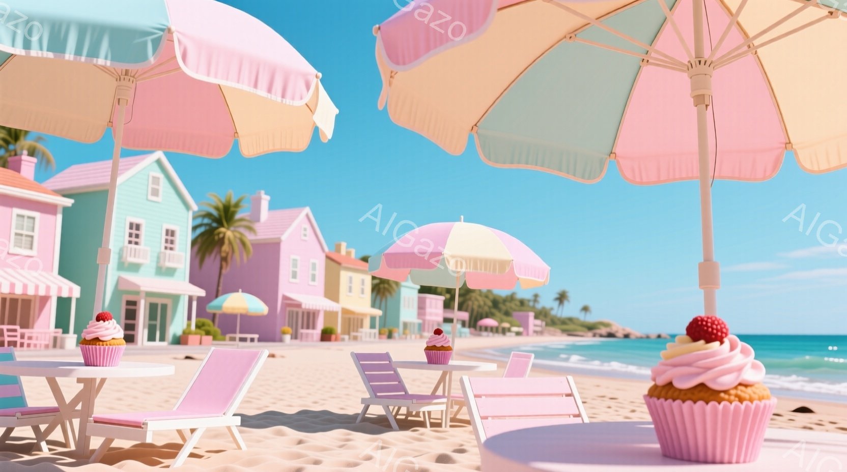 砂浜には、ピンク、水色、薄紫色のパラソルとビーチチェアが並び、まるでドリーミーなカフェのようである。可愛らしいカップケーキがビーチチェアのテーブルに置かれ、背景にはパステルカラーの家々が並び、青い海と空が広がる。全体的に、甘くて柔らかい、夢のような雰囲気のイラストである。