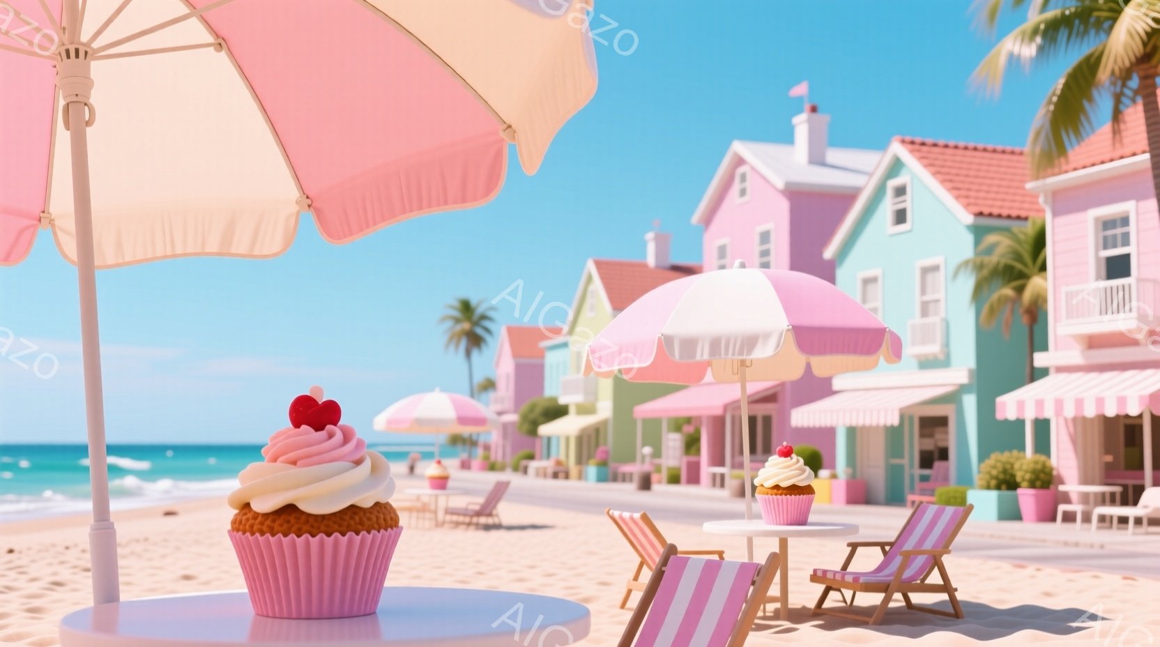 砂浜にパステルカラーのパラソルと椅子が置かれ、可愛らしいカップケーキがテーブルに飾られています。背景には、ピンクや水色のカラフルな家々が並び、青い海とヤシの木が楽園のような雰囲気を醸し出しています。全 - AI生成フリー素材