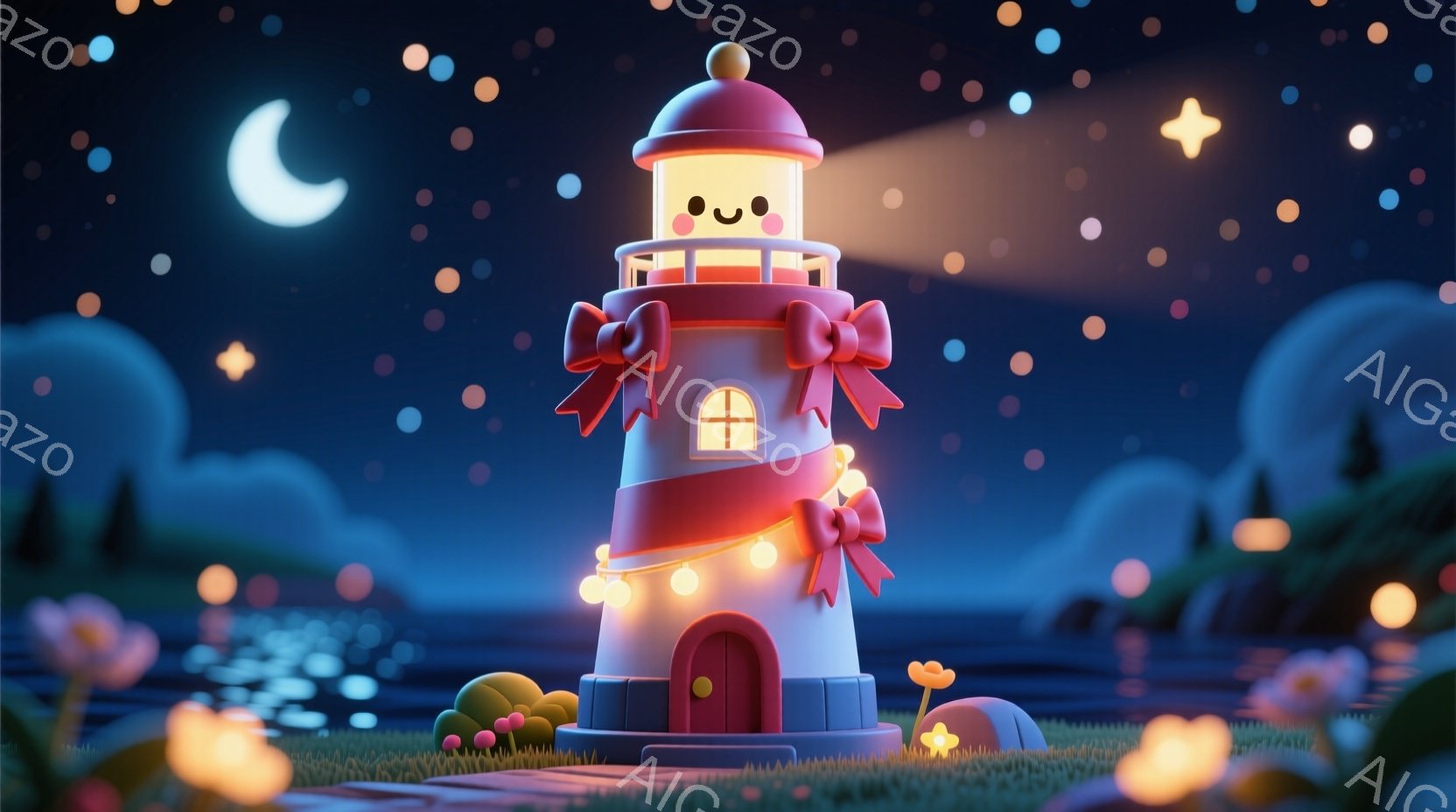 明るいピンクと白の灯台が、夜の穏やかな海辺に建っています。灯台には可愛らしい笑顔が描かれ、リボンと電球で飾られています。背景には暗い青い海、緑色の丘、そして星空が広がり、全体的に暖かく、夢のような雰囲 - AI生成フリー素材