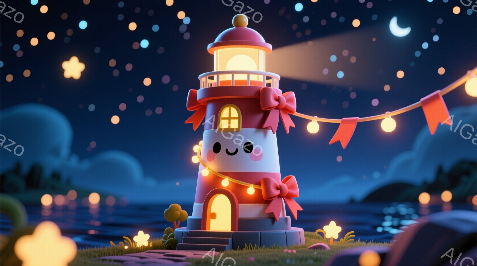 優しい夜空を背景に、可愛らしい灯台が立っている。灯台はピンクと白のストライプで、リボンと小さなドアが特徴的で、まるで生きているかのような愛らしい表情をしている。背景には穏やかな海と、きらめく星空が広が - AI生成フリー素材