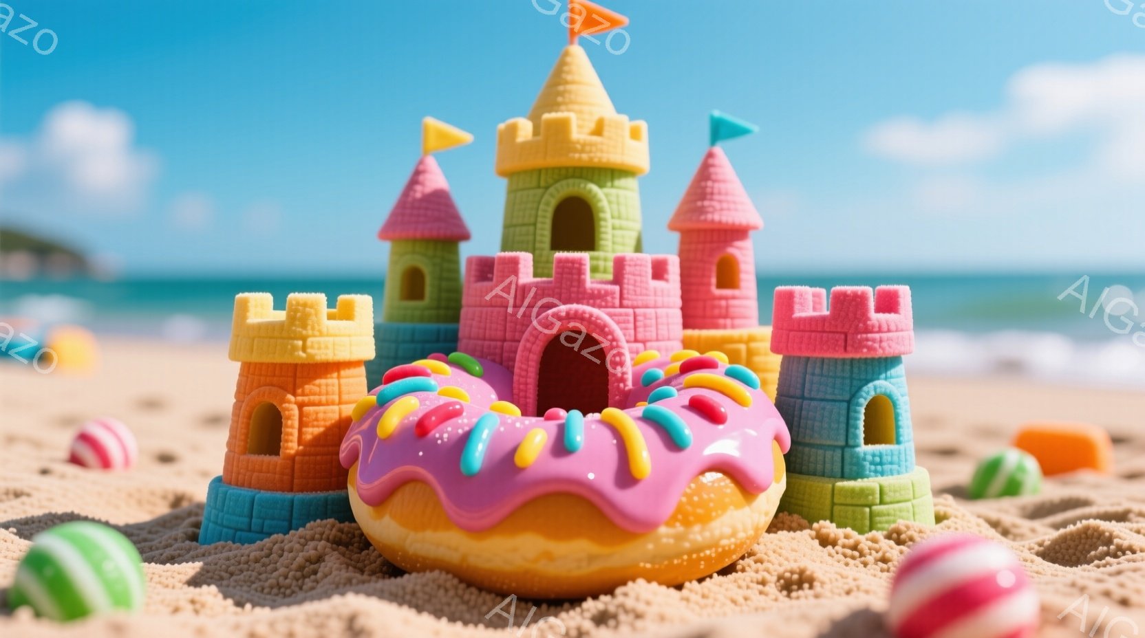 カラフルな砂の城が、ドーナツを土台にして砂浜に建っています。城は青、オレンジ、ピンク、黄色と明るい色で構成され、楽しげな雰囲気を醸し出しています。背景には穏やかな海と青空が広がり、全体的にポップで遊び心のある印象を与えます。