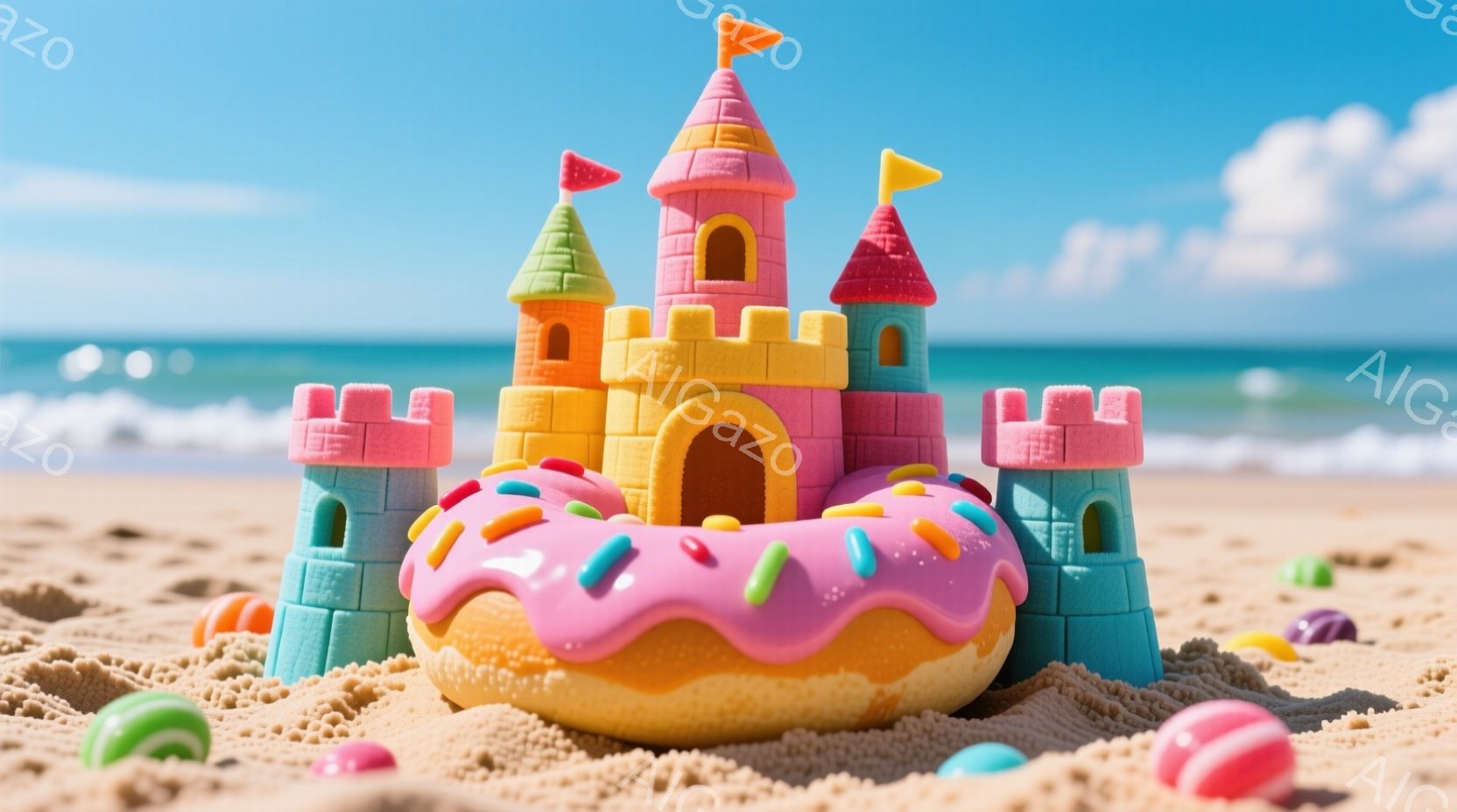 砂浜の上に、カラフルなドーナツを土台にしたお城が建っています。お城はピンク、水色、黄色などの明るい色で、頂上には小さな旗が飾られています。背景には穏やかな海と青空が広がり、所々にカラフルなキャンディが - AI生成フリー素材
