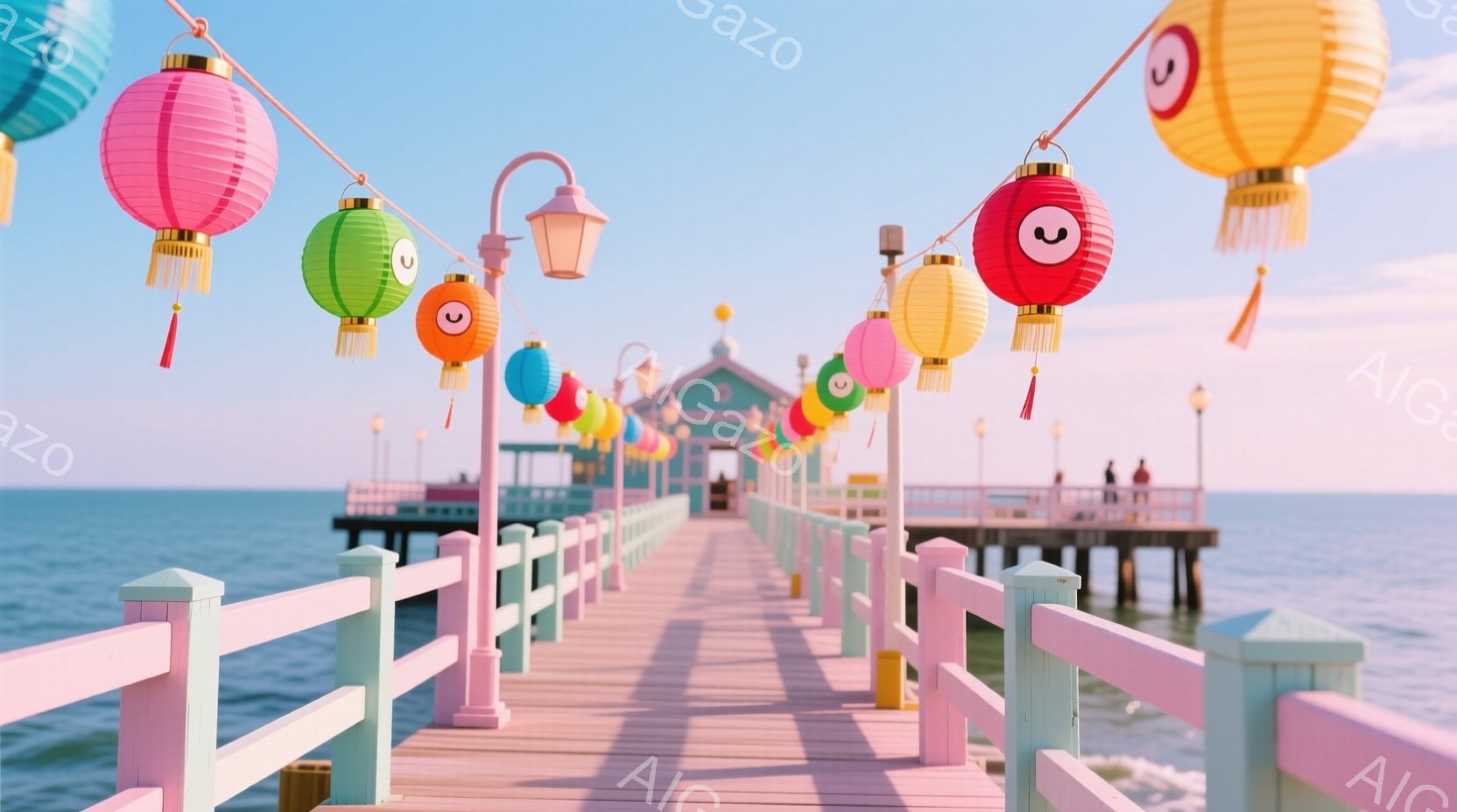 パステルカラーの桟橋が青い海に向かって伸びており、色とりどりの提灯が吊るされています。桟橋の先には可愛らしい建物が見え、穏やかな晴天の下、静かで平和な雰囲気が漂っています。遠方には数人の人物が見え、ゆ - AI生成フリー素材